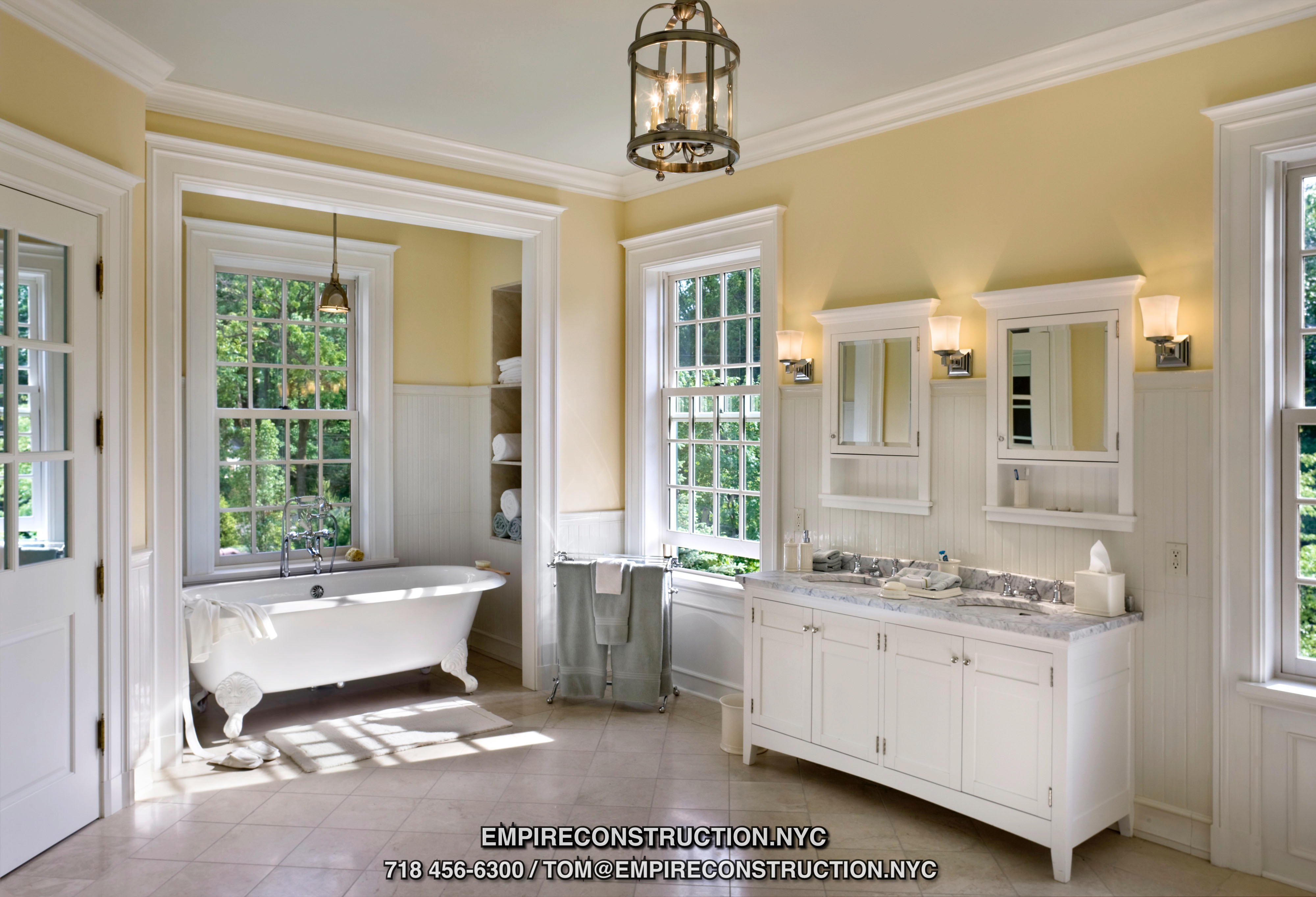 Empire bathrooms: planning, framing, blocking, quiet piping, water flow, ventilation, skylights, shower doors and shower glass partitions, accent walls, electric, indirect lightning, cement board, vapor barriers, steam, sound, access, toilet space, shower shelves, multiple shower heads, heated towel bars, heated tile floors and all tile work, stoneslabs, design build, tall people accomodation, laundry chute, heat lamps, storage, mirrors and any type of cabinet, furniture that you might need. 