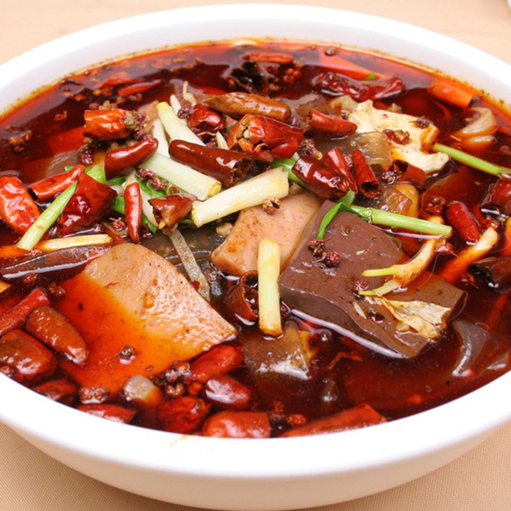 Pork Intestine, Blood & Ox Maw in Chili Pepper Soup 毛血旺