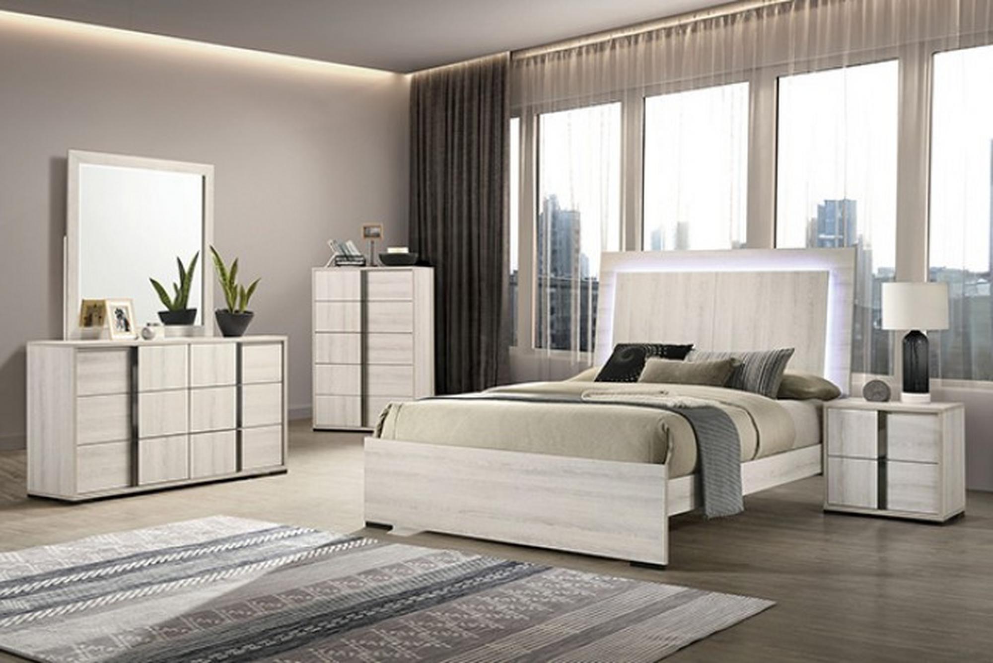 Horten King Bed w/ Nightstand, Dresser, & Mirror - Whitewash Gray