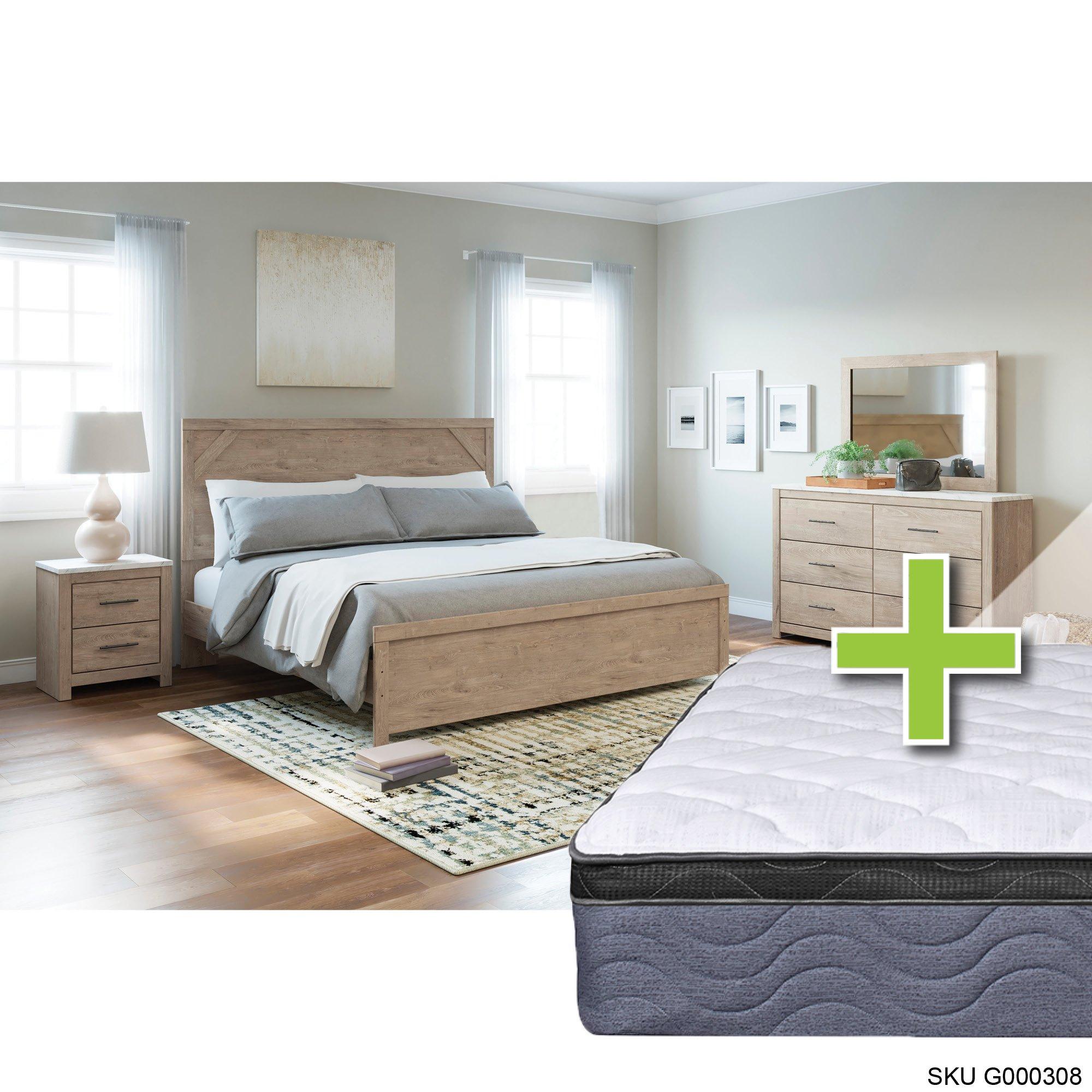 Queen Senniberg Bed w/9.5" Tight Top Extra Firm Memory Foam Mattress & Dresser, Mirror, Nightstand
