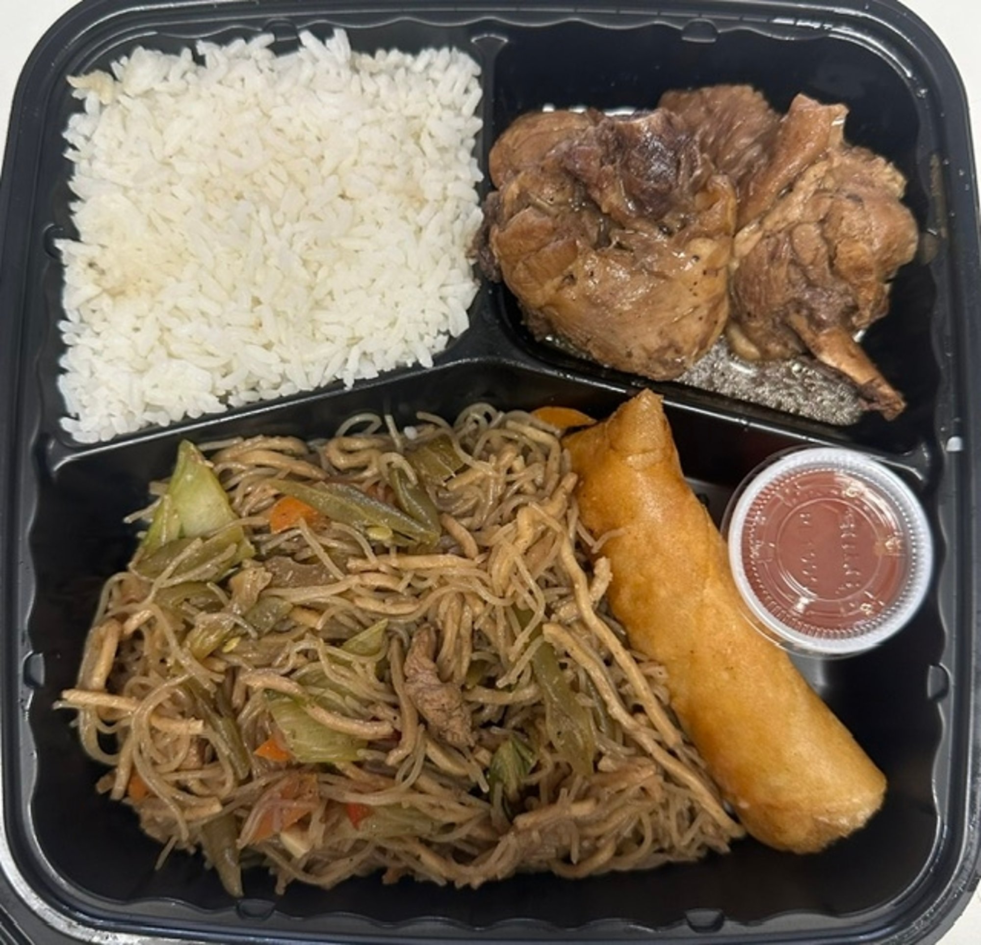 Combo 2: Pancit Canton with Chicken Adobo, Steam Rice, and Pork Eggroll