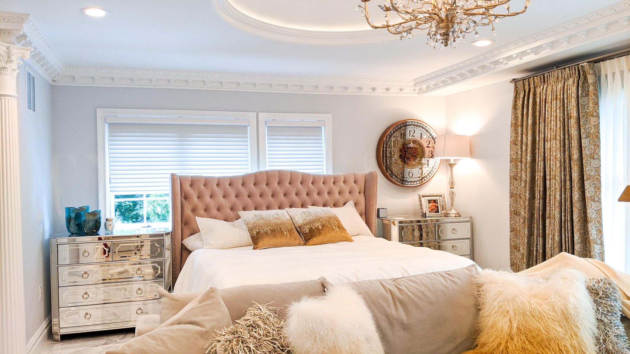 Window shadings, custom hardware and drapery (both room darkening and sheer) spice up this bedroom in Holmdel, NJ.