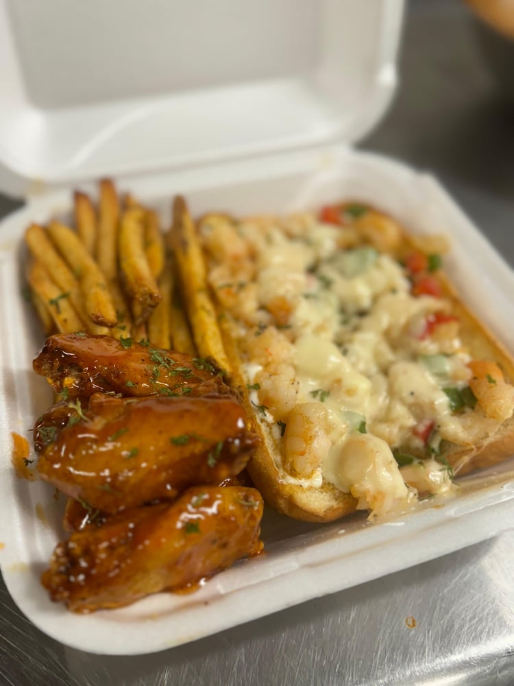 Shrimp Philly, 6 Wing Combo & Fries