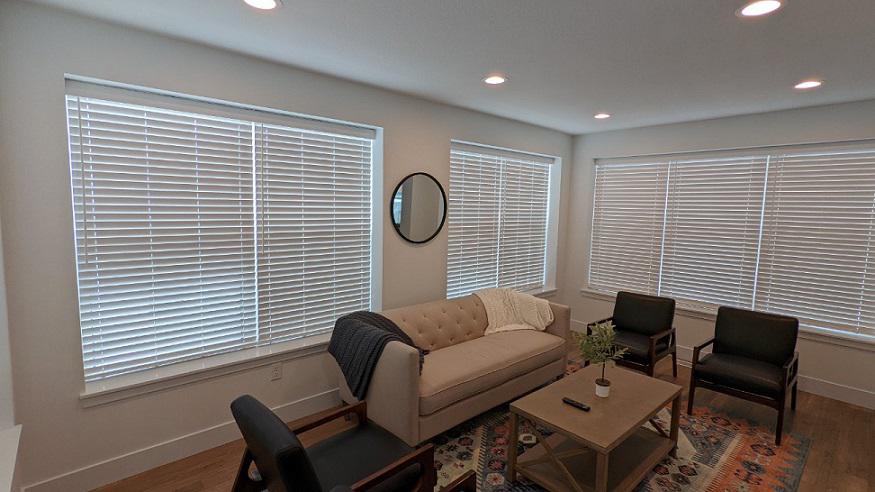 Add panache and privacy to your interiors with our lovely Faux Wood Blinds. It's adorable how these blinds look here in a house at Cedar Falls, Iowa.  BudgetBlindsCedarFallsWaterloo  FauxWoodBlinds  CedarFallsIA  FreeConsultation  WindowWednesday