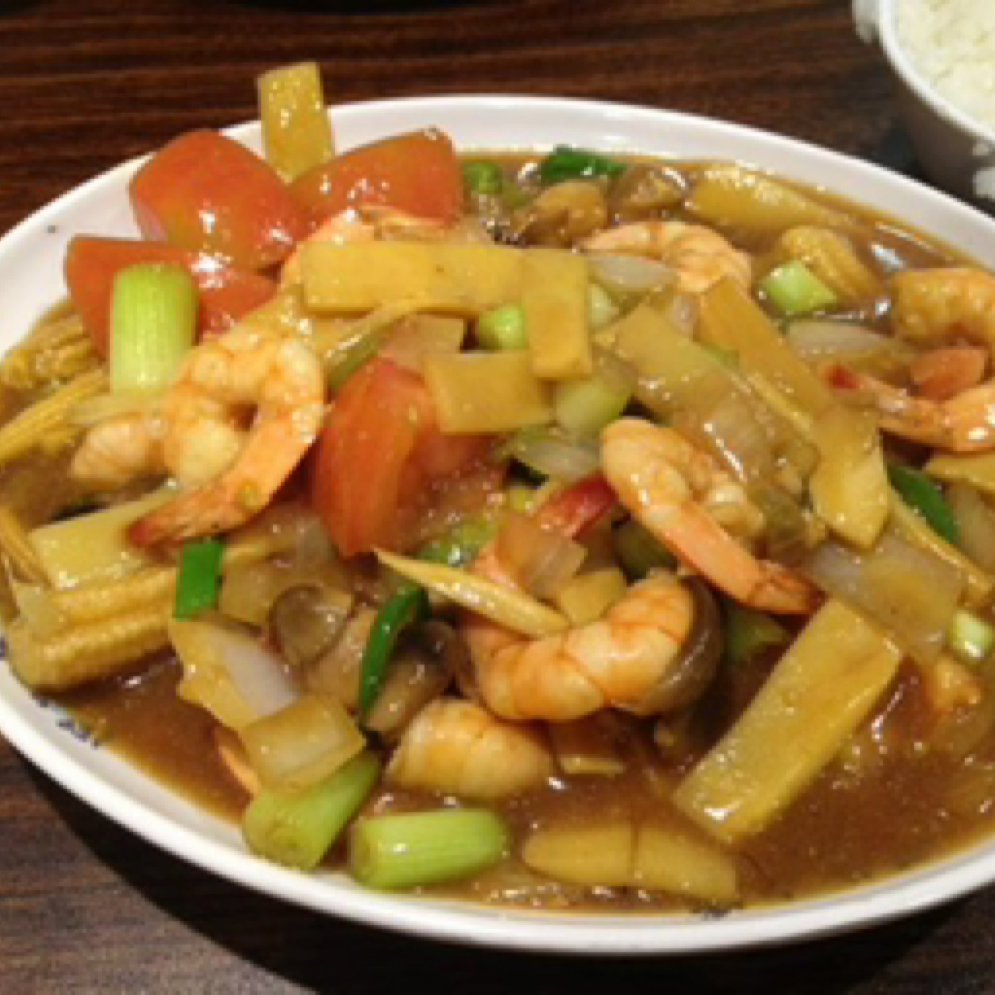 57. Prawn with bamboo shoot & mushroom - tôm xào măng nấm