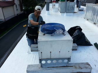 Rooftop Refrigeration condenser been serviced by Head Technician.