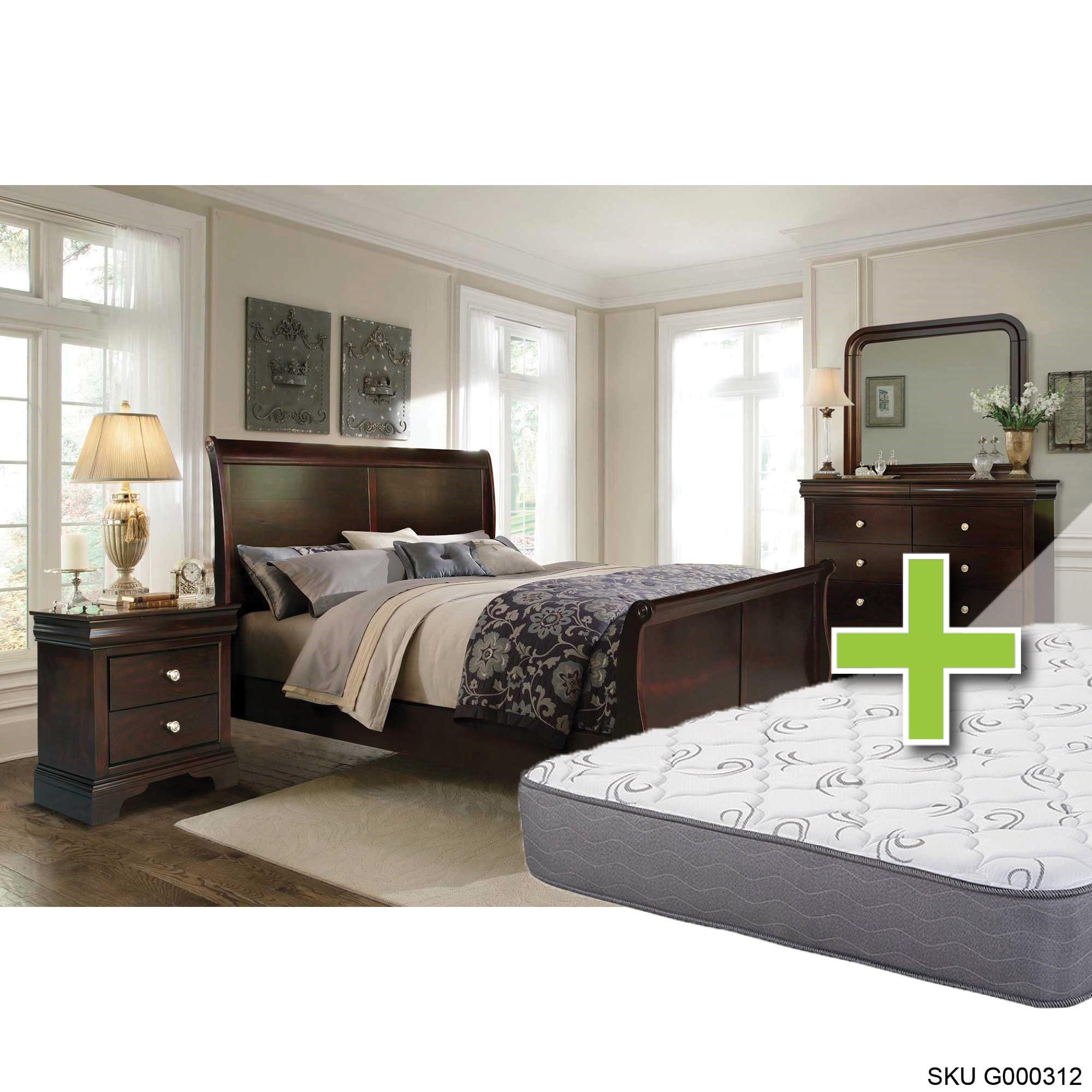 Queen Dominique Bed w/9.5" Tight Top Med. Memory Foam Mattress & Chest, Dresser, Mirror, Nightstand