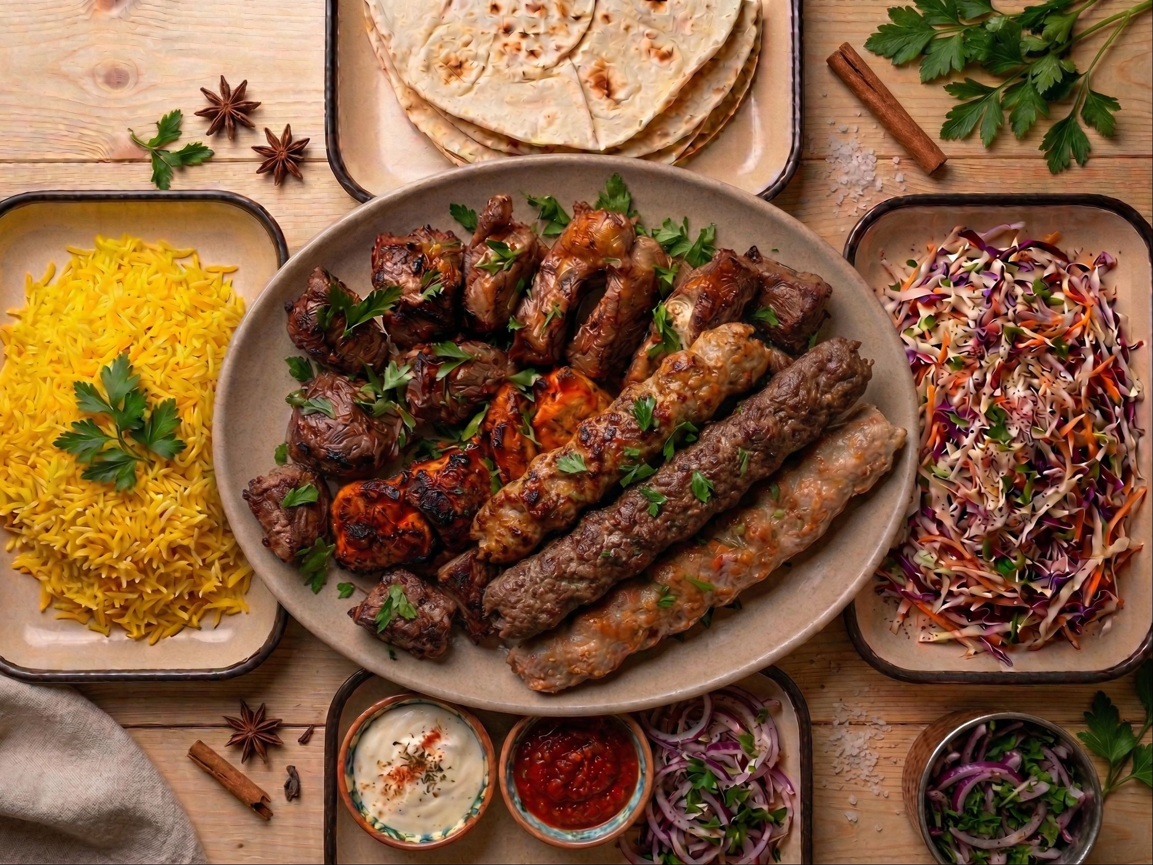 (5) Family Plate 7-9 people (6 Lula Koobideh Chicken, Lamb, Beef. 2 Chicken Thighs Kebab. 2 Lamb...