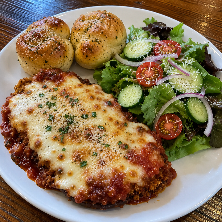 Lunch Eggplant Parmigiana (2 Garlic Knots + Side Salad)