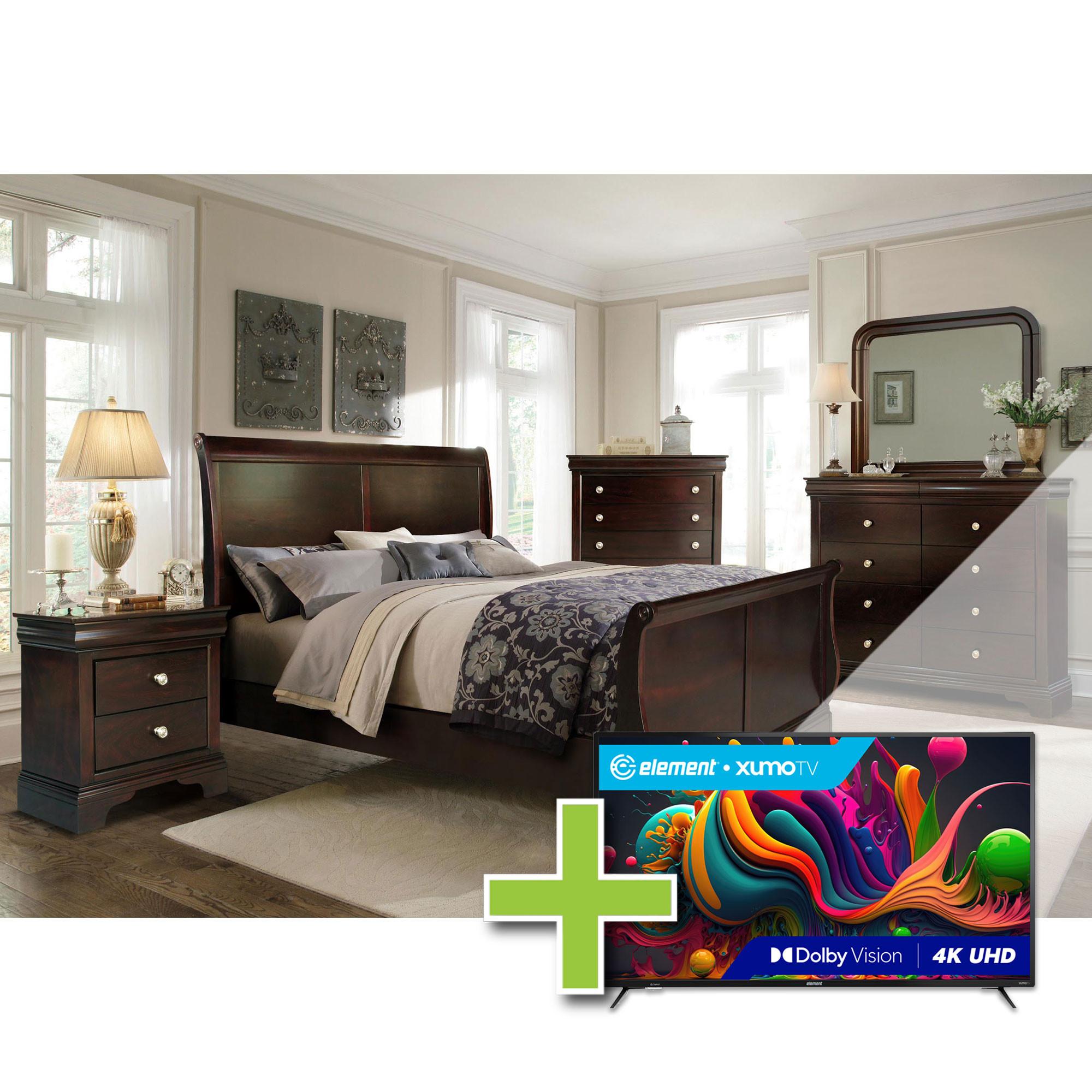 Queen Dominique Bed w/Chest, Dresser, Mirror, Nightstand + 55" Element TV