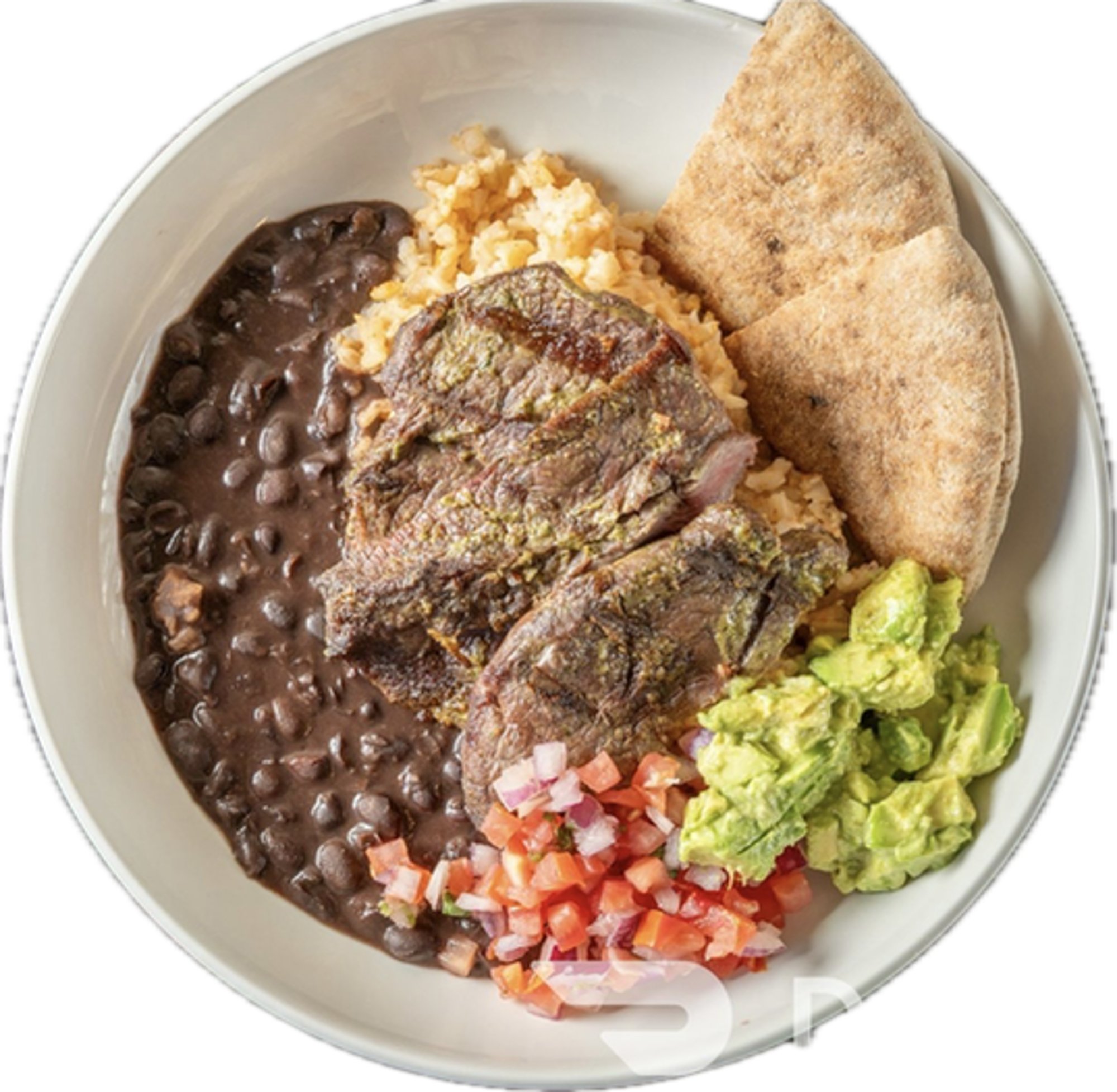 Grilled Steak Bowl, Black Beans, Avocado Hummus, Pico de Gallo, 1/2 Pita