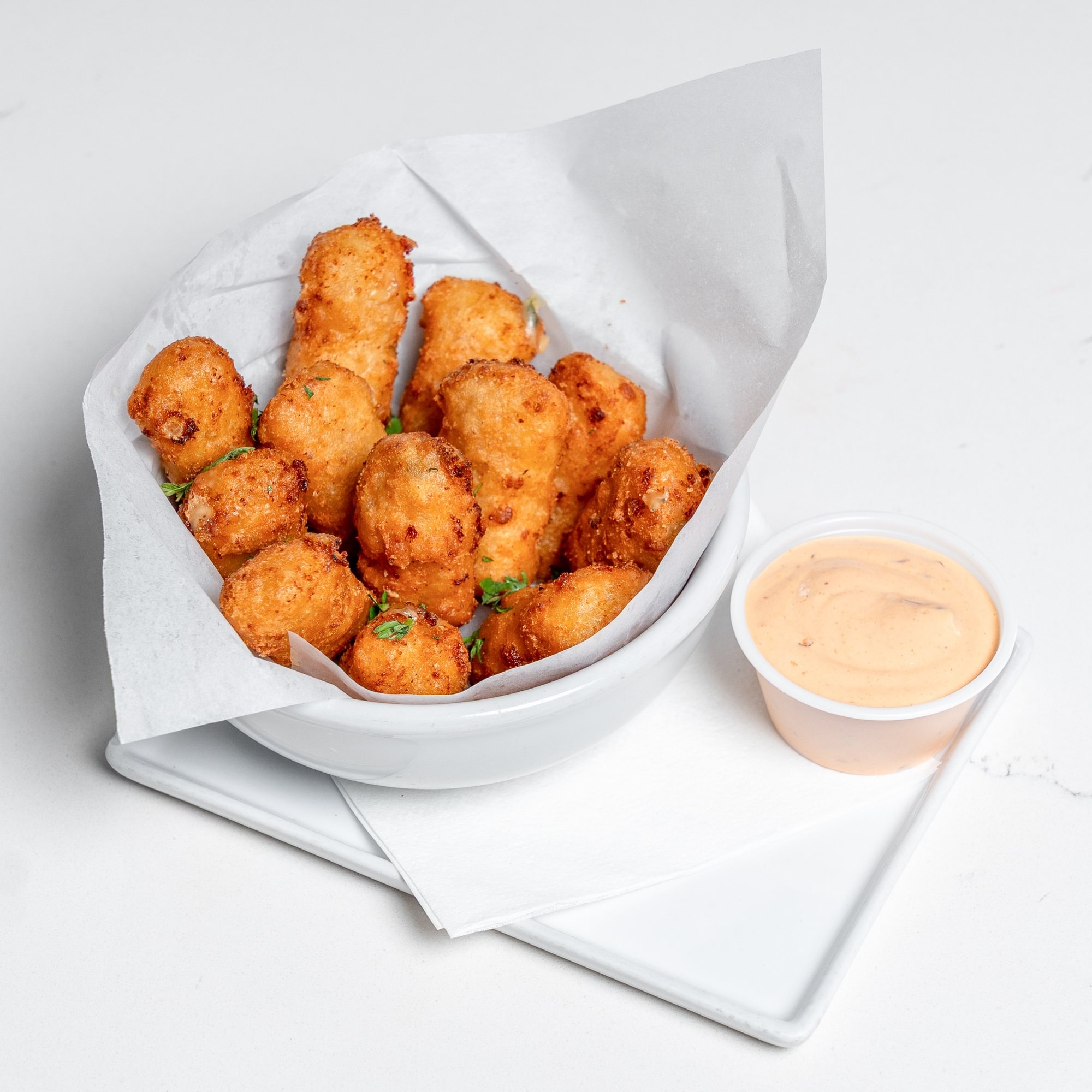 Macaroni & cheese pepper Jack creamy breaded bites brunch