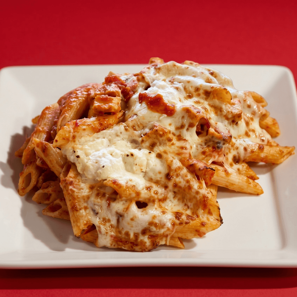 Baked Penne Parmigiana with Homemade Tomato Sauce, Smothered in Ricotta & Mozzarella Cheese