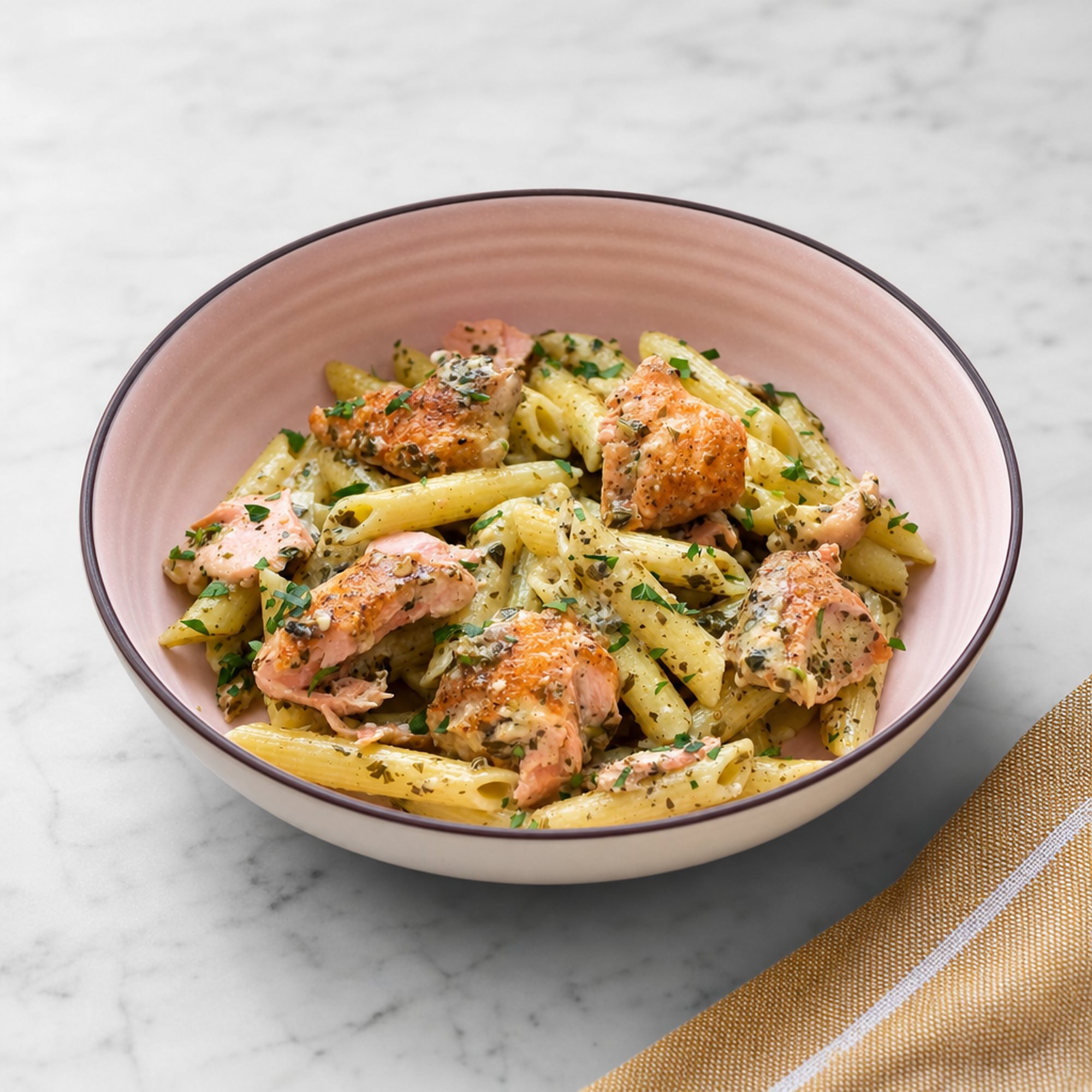 Salmon Con Il Pesto Over Pasta