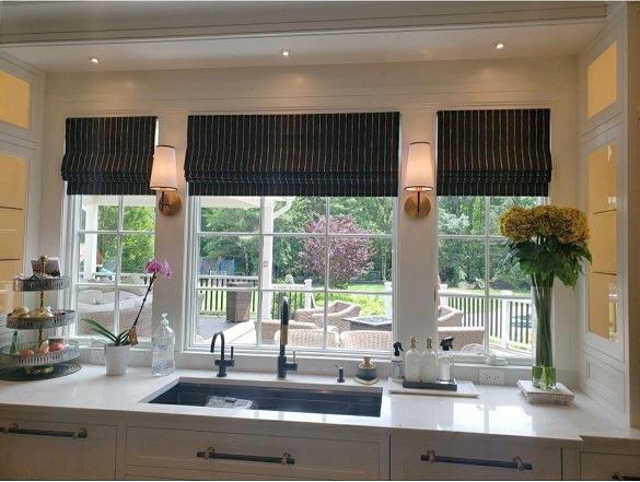 Faux Roman Valances & Roman Shades complete this beautiful kitchen. We worked with designer Kristen Sawyer on this beautiful space.  romanshades  valances  beautifulkitchens  kitchendecor