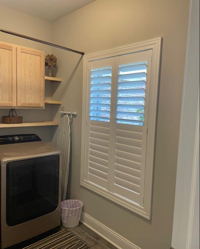 We're obsessed with these classic and romantic Plantation Shutters in this utility room window in Coatesville, IN.  These shutters evoke a timeless style that looks at home in any window!  BudgetBlindsPlainfieldIN  CoatesvilleIN  PlantationShutters  FreeConsultation  WindowWednesday