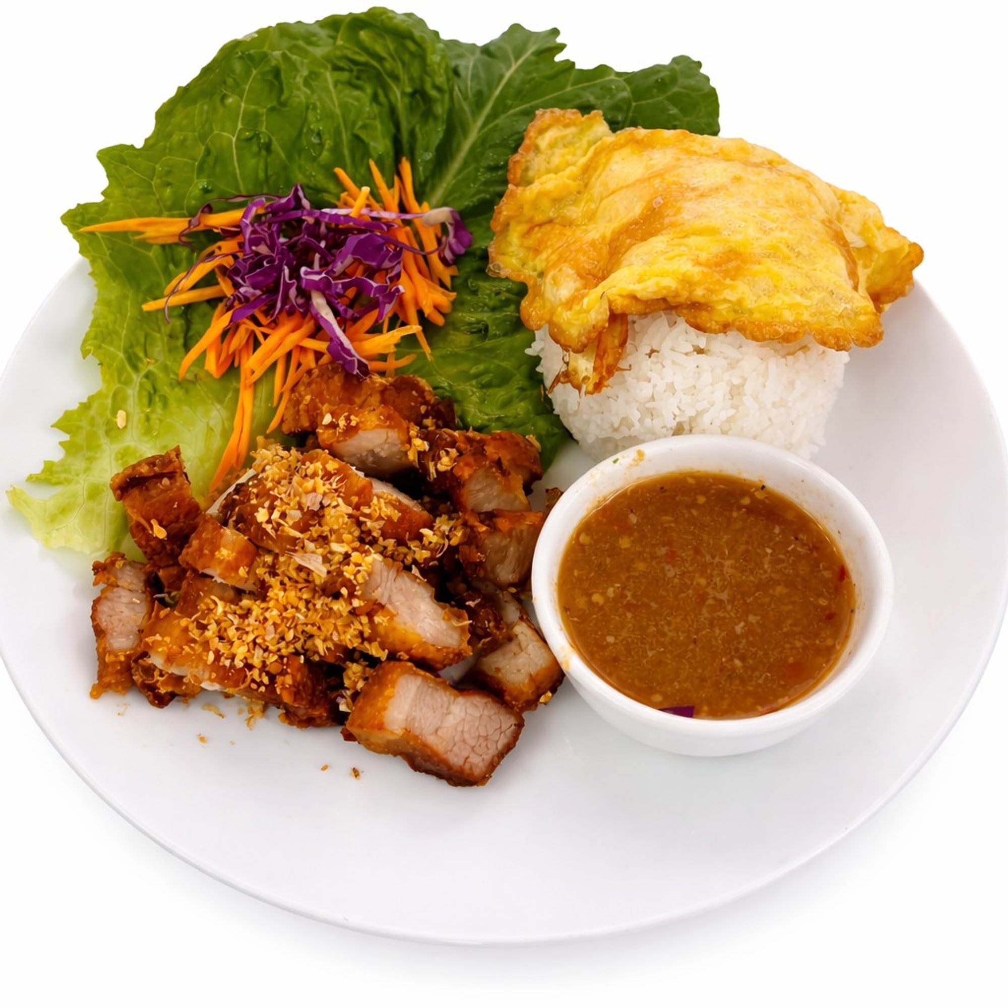Crispy Pork Belly with Spicy Dipping Sauce & Omelet Rice