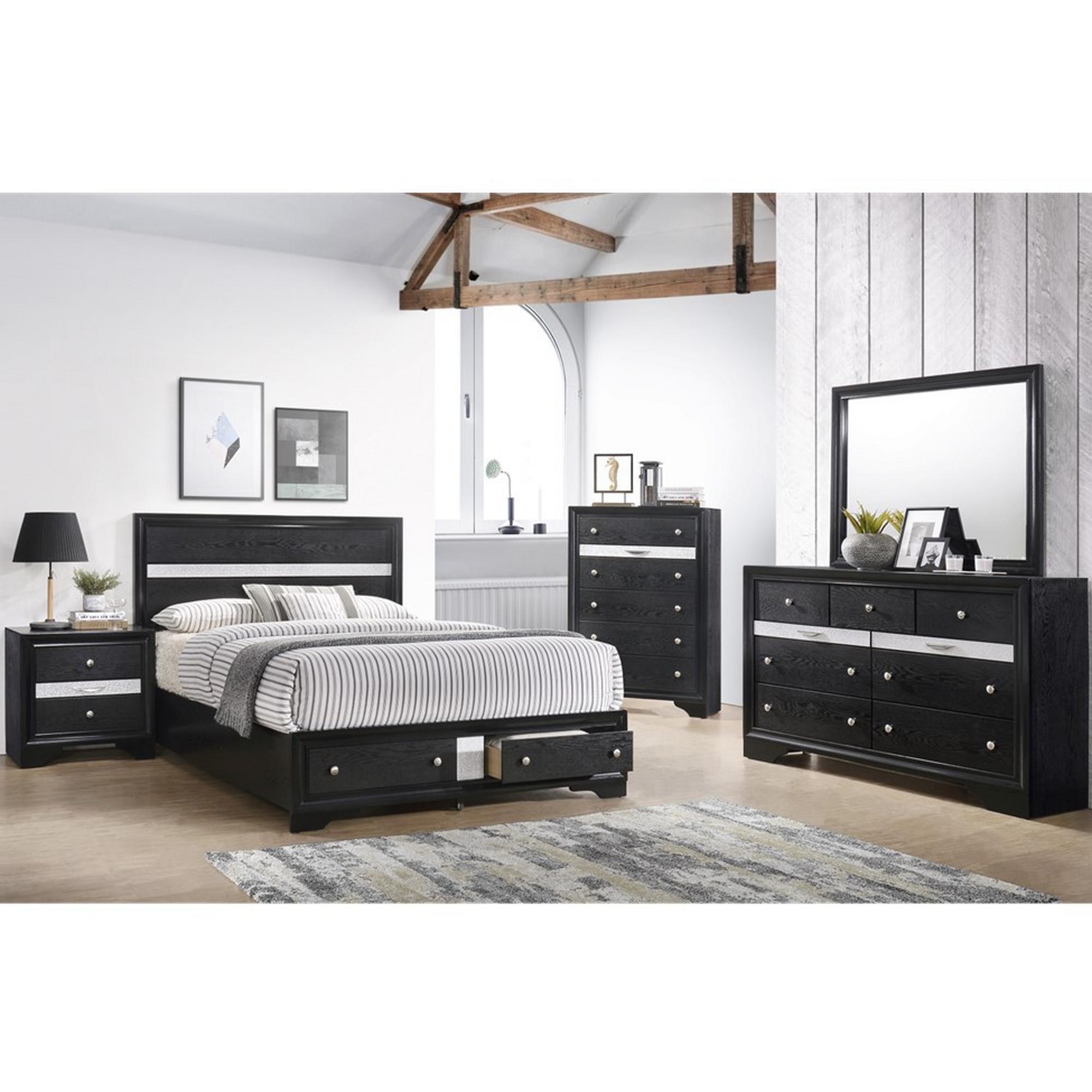 King Regata Bed - Black, Chest, Dresser, Mirror, Nightstand