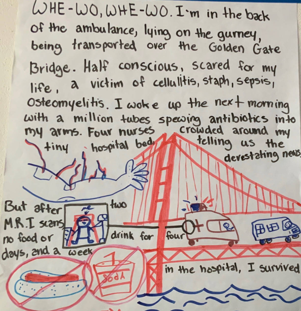 A hand-drawn account of Ben's battle with sepsis where he describes his pain and transfer from hospital facilities to recovery.