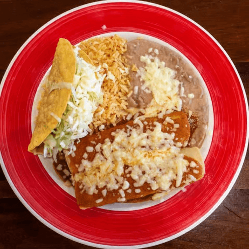 Two Enchiladas, Taco, Rice, and Beans