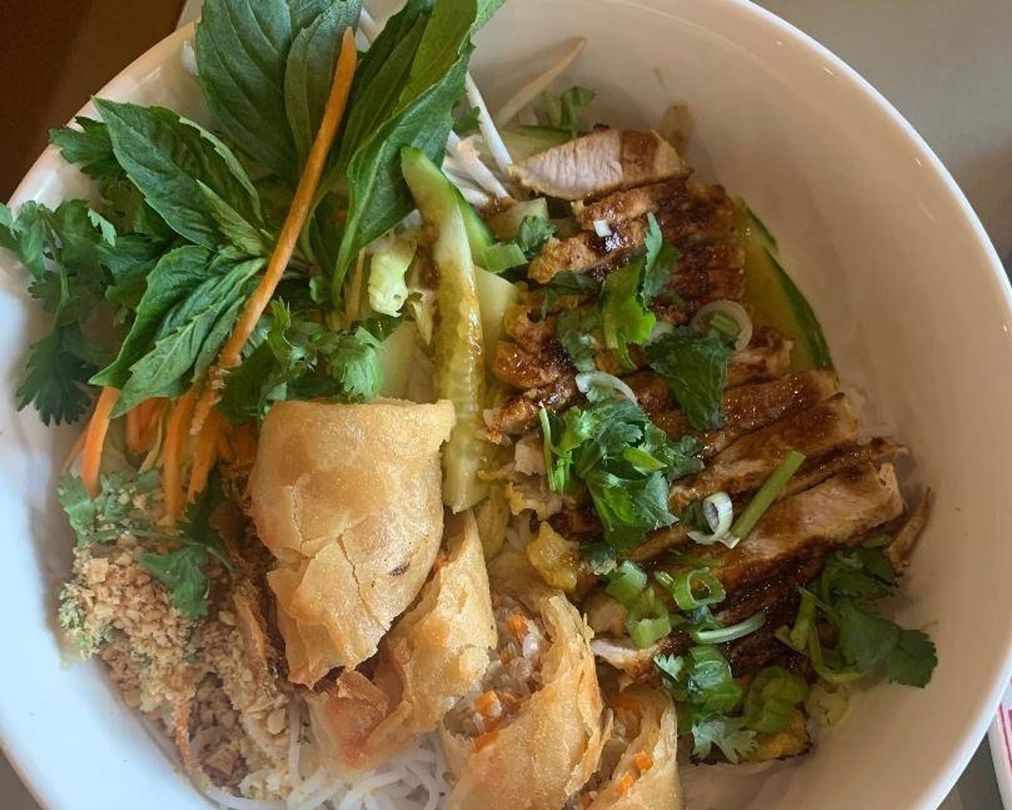 V1. Vermicelli Bowl and Sliced Eggroll