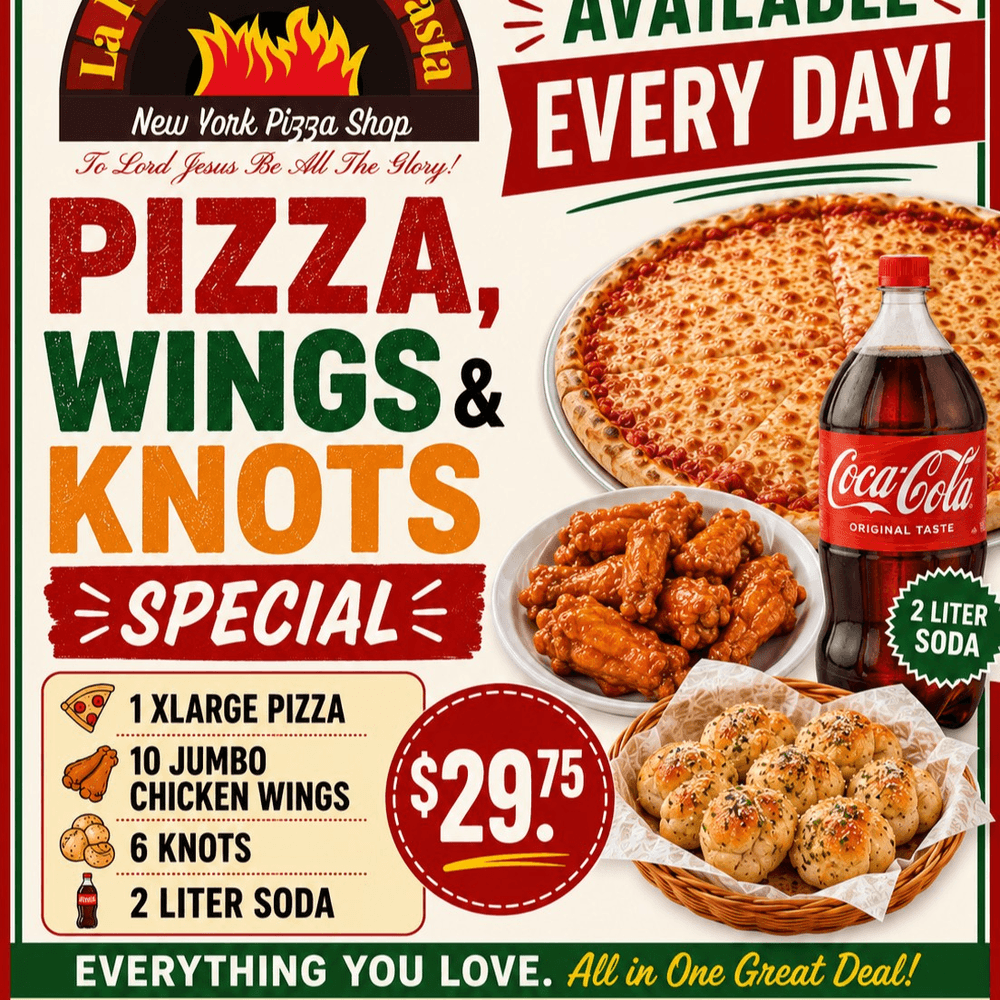 Pizza Special#5. X-Large Cheese Pizza, 10 Wings, Order of Garlic Knots & 2-Liter Soda