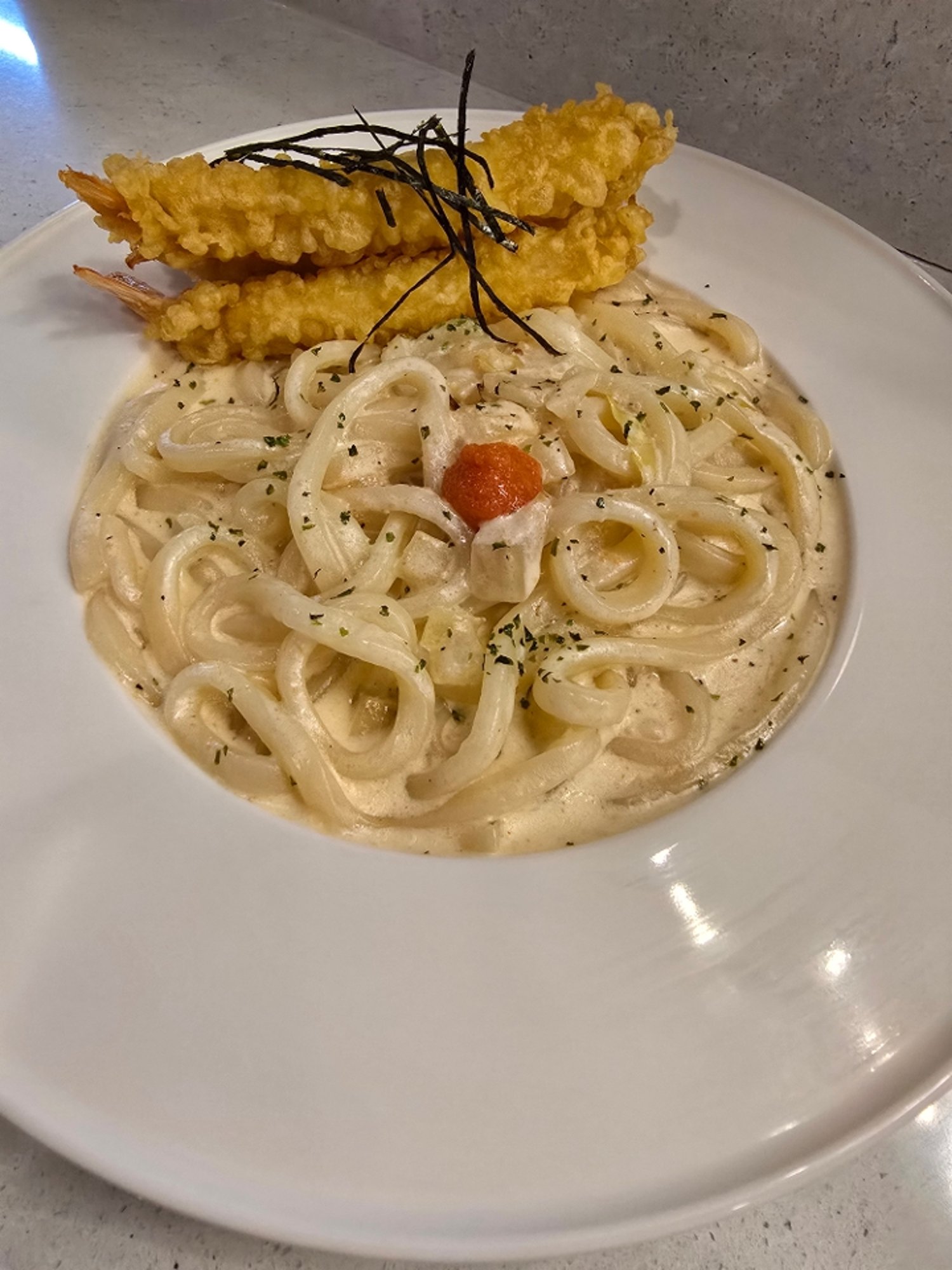 Mentaiko Udon Shrimp Tempura