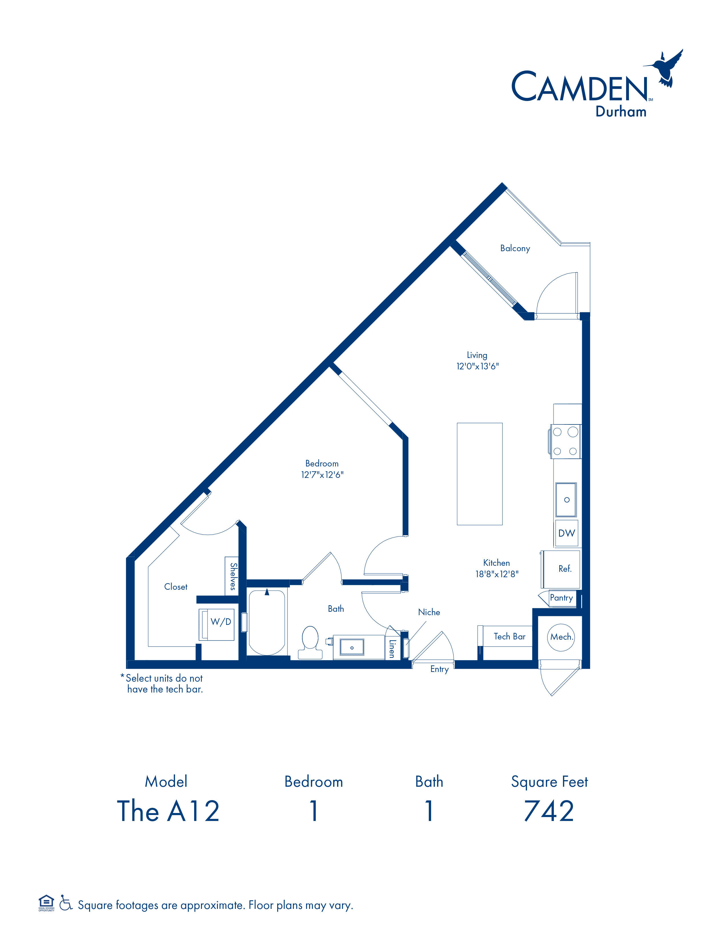 A12 Floor Plan with 1 Bedroom and 1 Bathroom at Camden Durham in Durham, NC