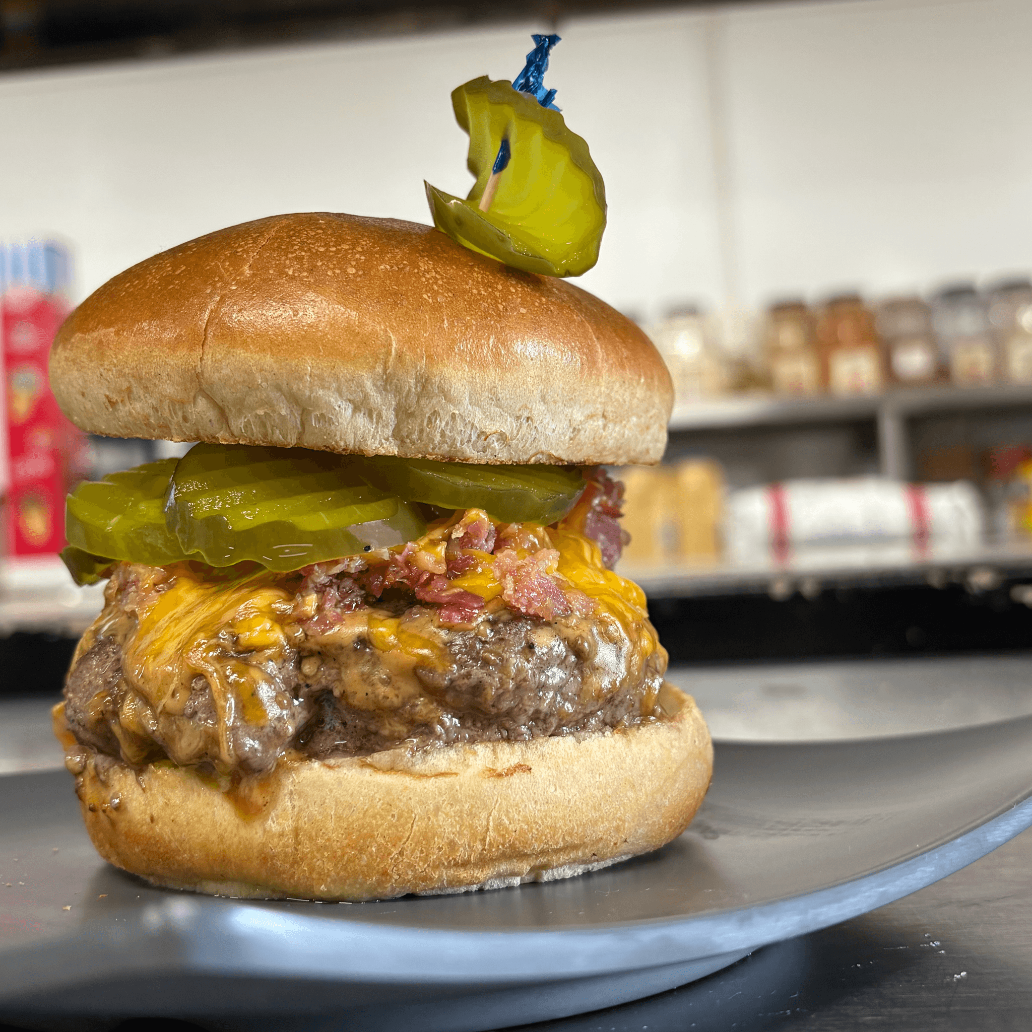 PEANUT-BUTTER BACON CHEDDAR PICKLE BURGER
