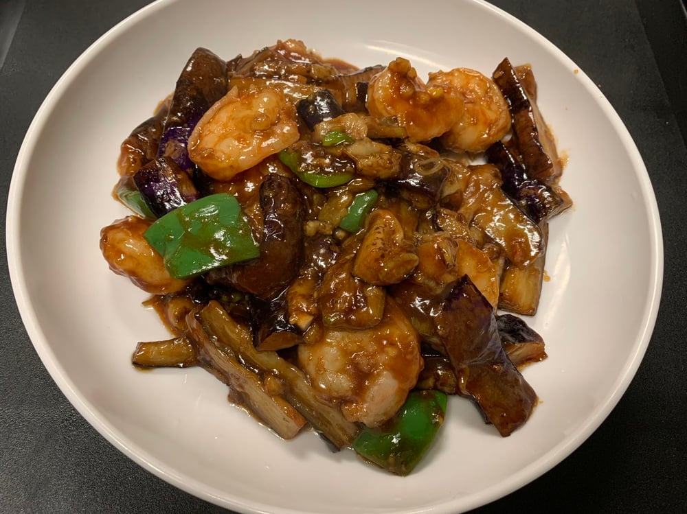 52 茄子虾/Shrimp With Eggplant in Garlic Sauce🌶️