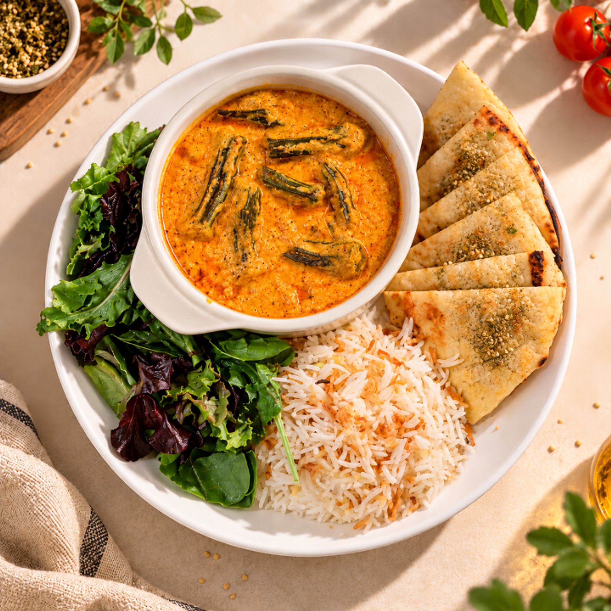 Bhindi Sarson Masala/ Mustard Okra Platter with Basmati Rice, Naan and Salad (Gluten Free Available)