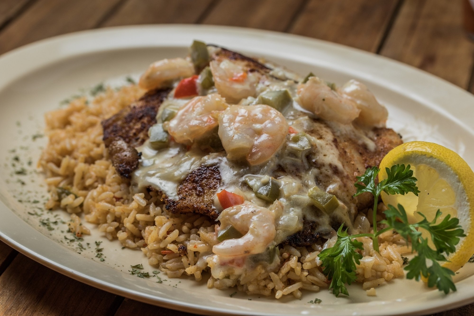 Grilled Tilapia Pontchartrain over CC Fried Rice