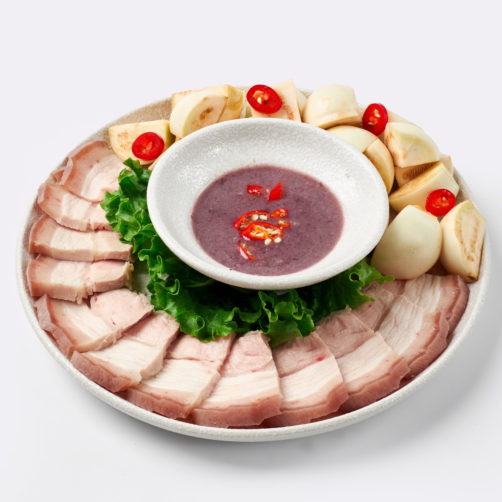 Thịt Luộc + Cà Pháo – Boiled Pork Belly with Pickled Eggplant & Shrimp Paste