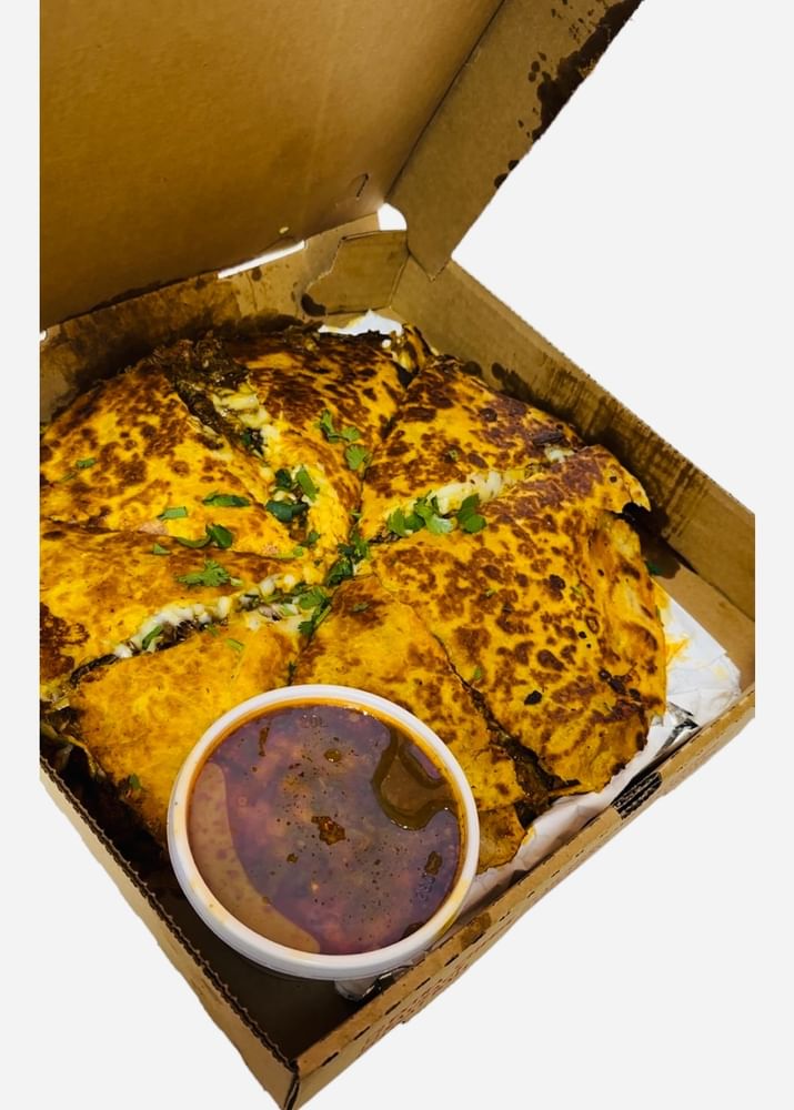 Beef Birria Pizza with Consommé (Dipping Sauce) !