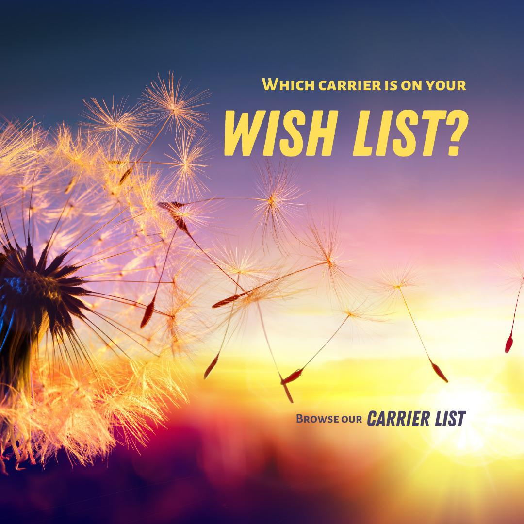 Whether you are hoping to access one of our 25+ participating carriers, or even a carrier not listed... We want to make your wish come true! Browse our carrier list!  WishList  PandCCarriers
