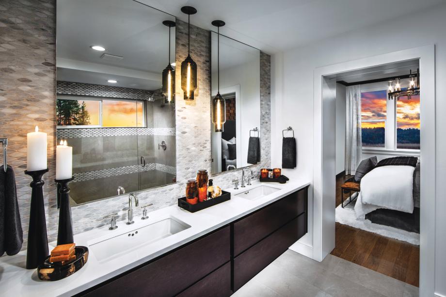 Luxe primary bath features dual sink vanity, walk-in shower, and a separate water closet