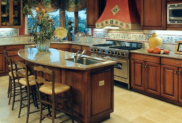 Custom tile work serves as a focal for the cooking area and adds color to the room 
