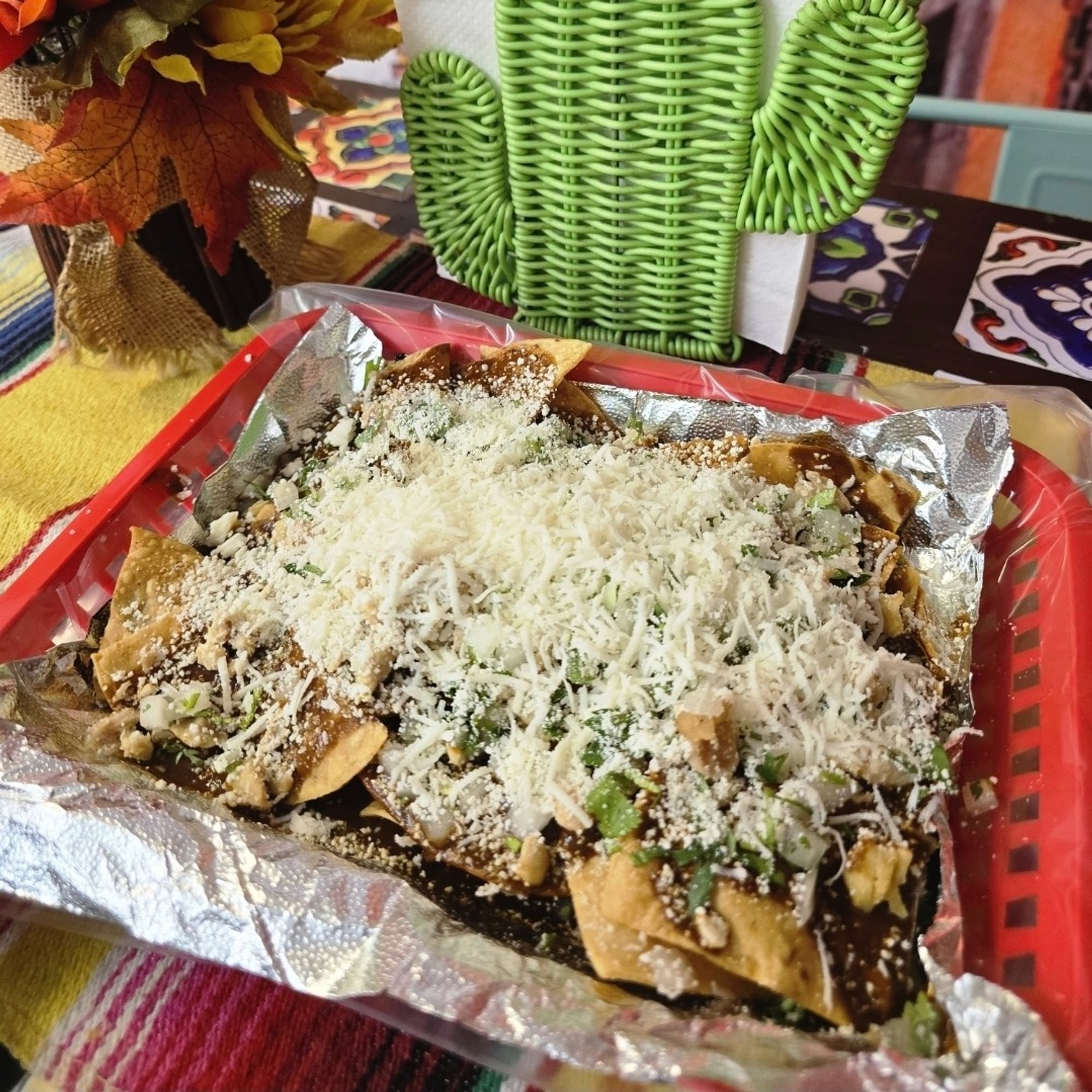 Chilaquiles green, red or mole