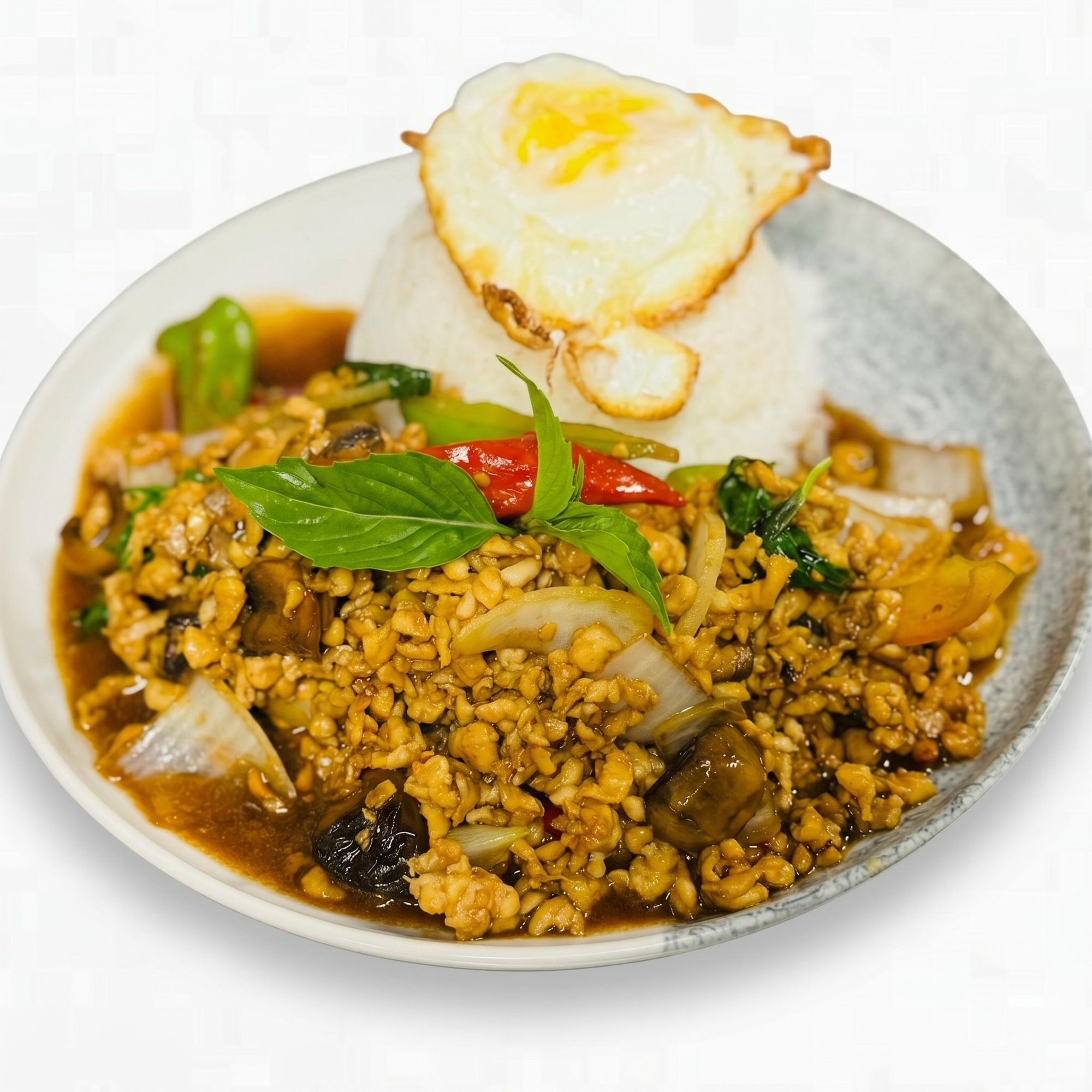 Pad Ka-Pao over Rice with Fried Egg