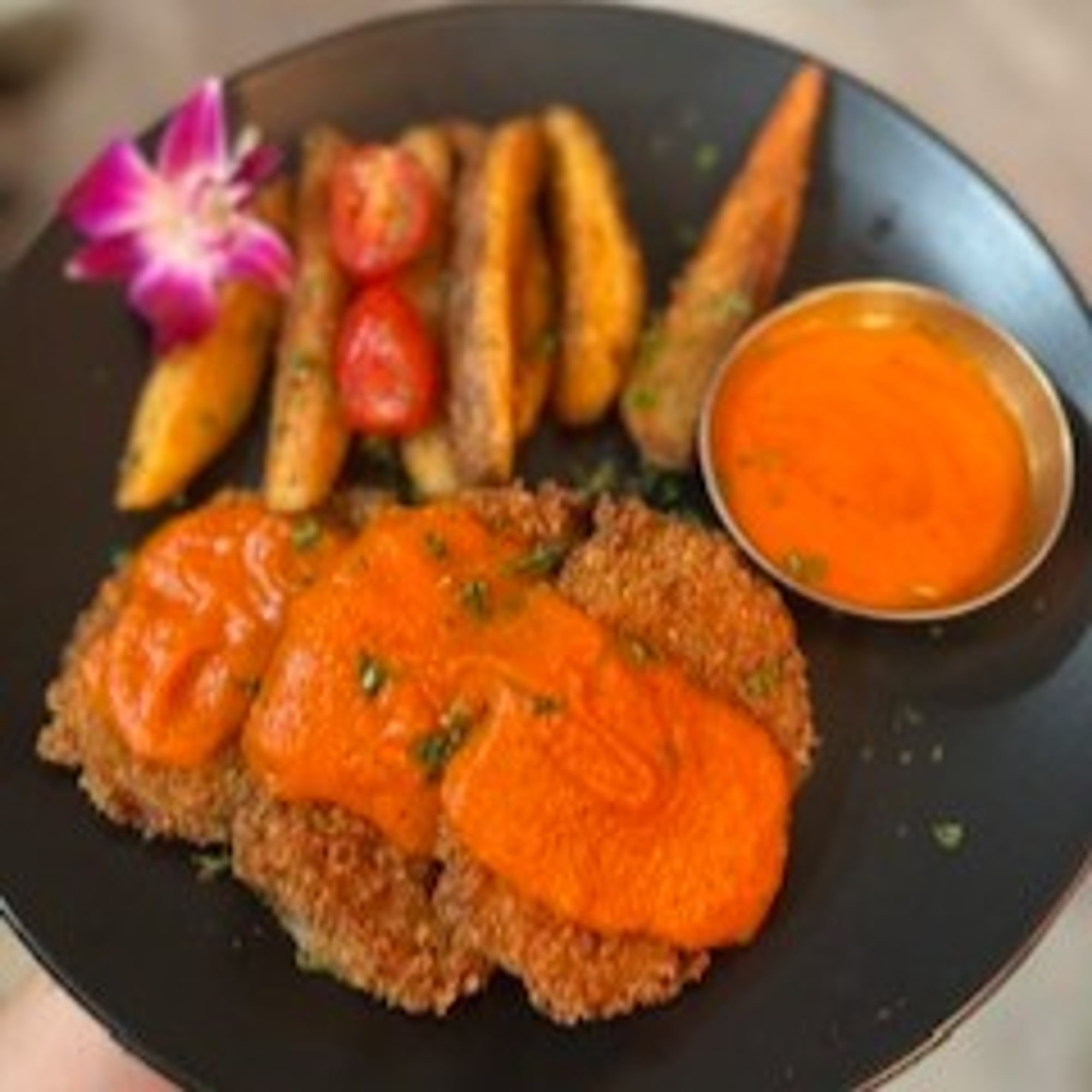 Aubergine Schnitzel with Red Bell Pepper Sauce