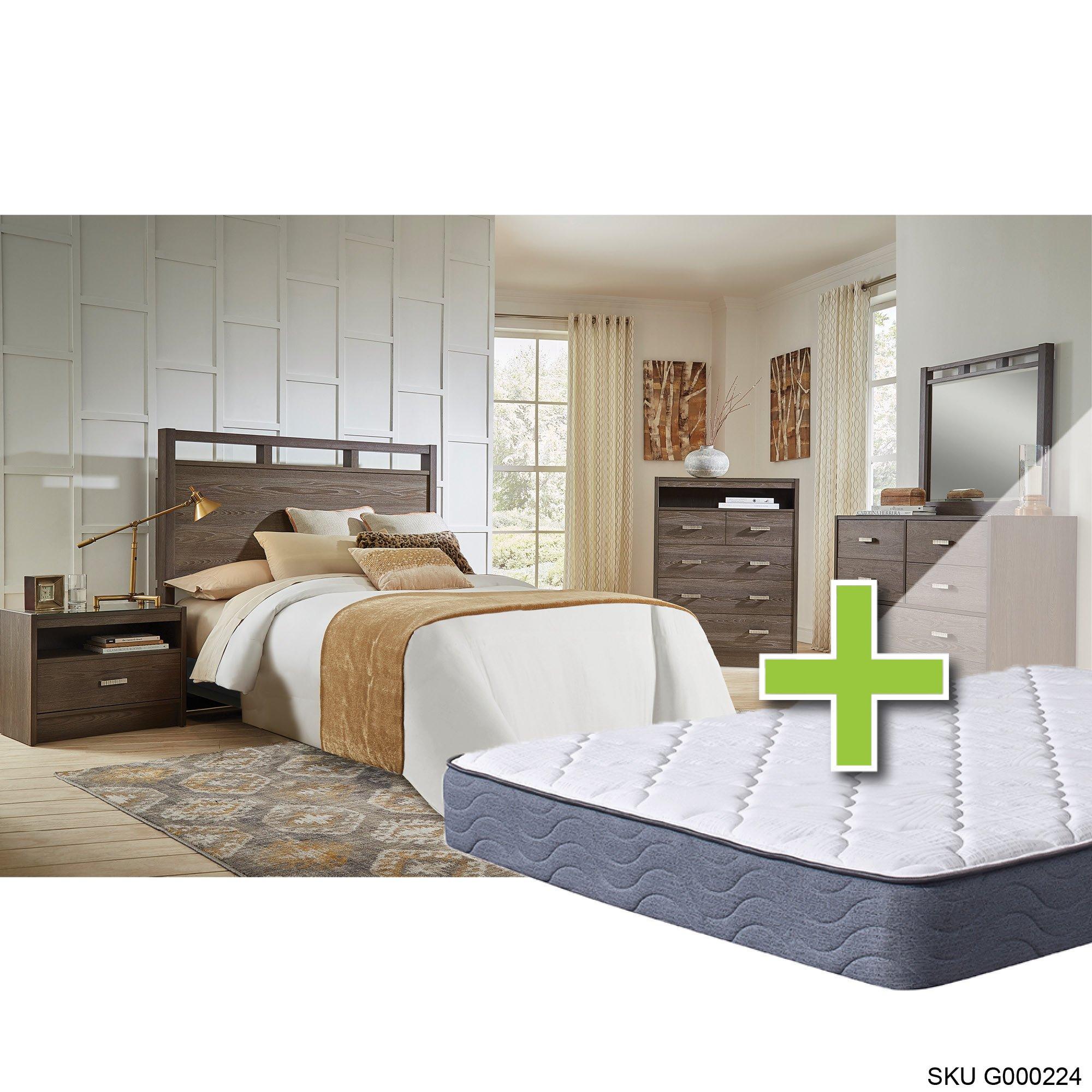 Queen Tobak Bed w/9.5" Tight Top Extra Firm Mattress & Dresser, Mirror, Nightstand