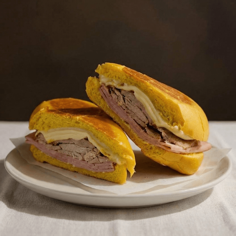 Media Noche, Jamon, Queso Suizo, y Puerco / Midnight Sandwich, Ham, Swiss Cheese & Pork
