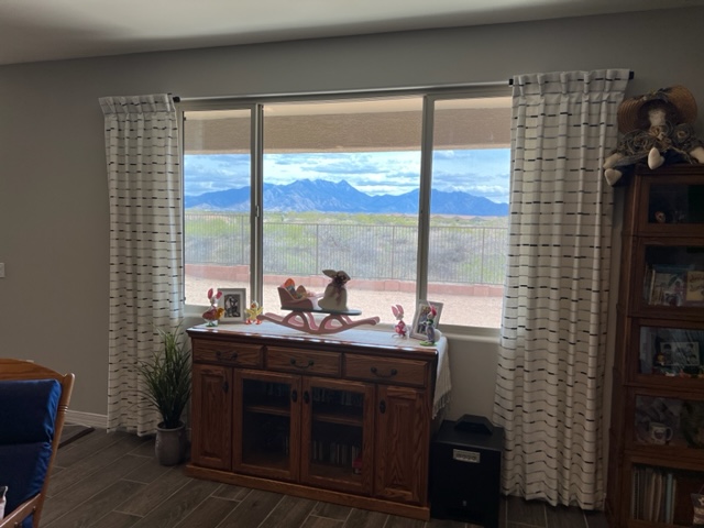 Pleated Drapery Panels on short curtain rods. Installed in residence in Sahuarita, AZ.