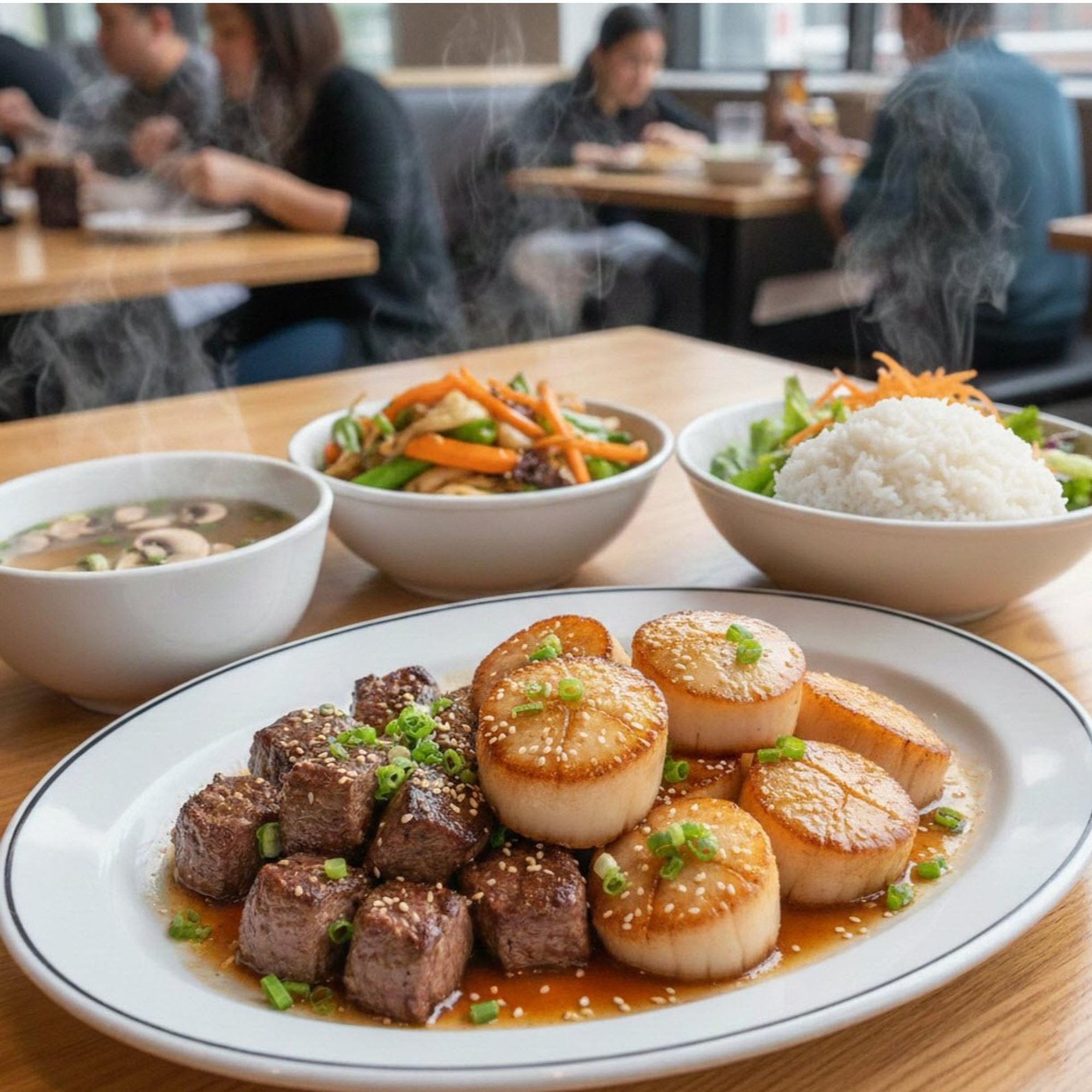 Hi Steak & Scallops (H Salad & Mushroom Soup)