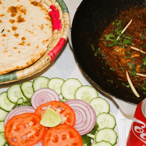 Chicken Kadai (Half Pound) +2 Plain Naan + Can of Soda +Salad +Green Sauce