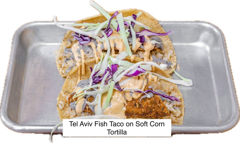 Tel Aviv Fried Fish Tacos, Mexican Brown Rice, Chipotle Mayo, Pico de Gallo Cabbage