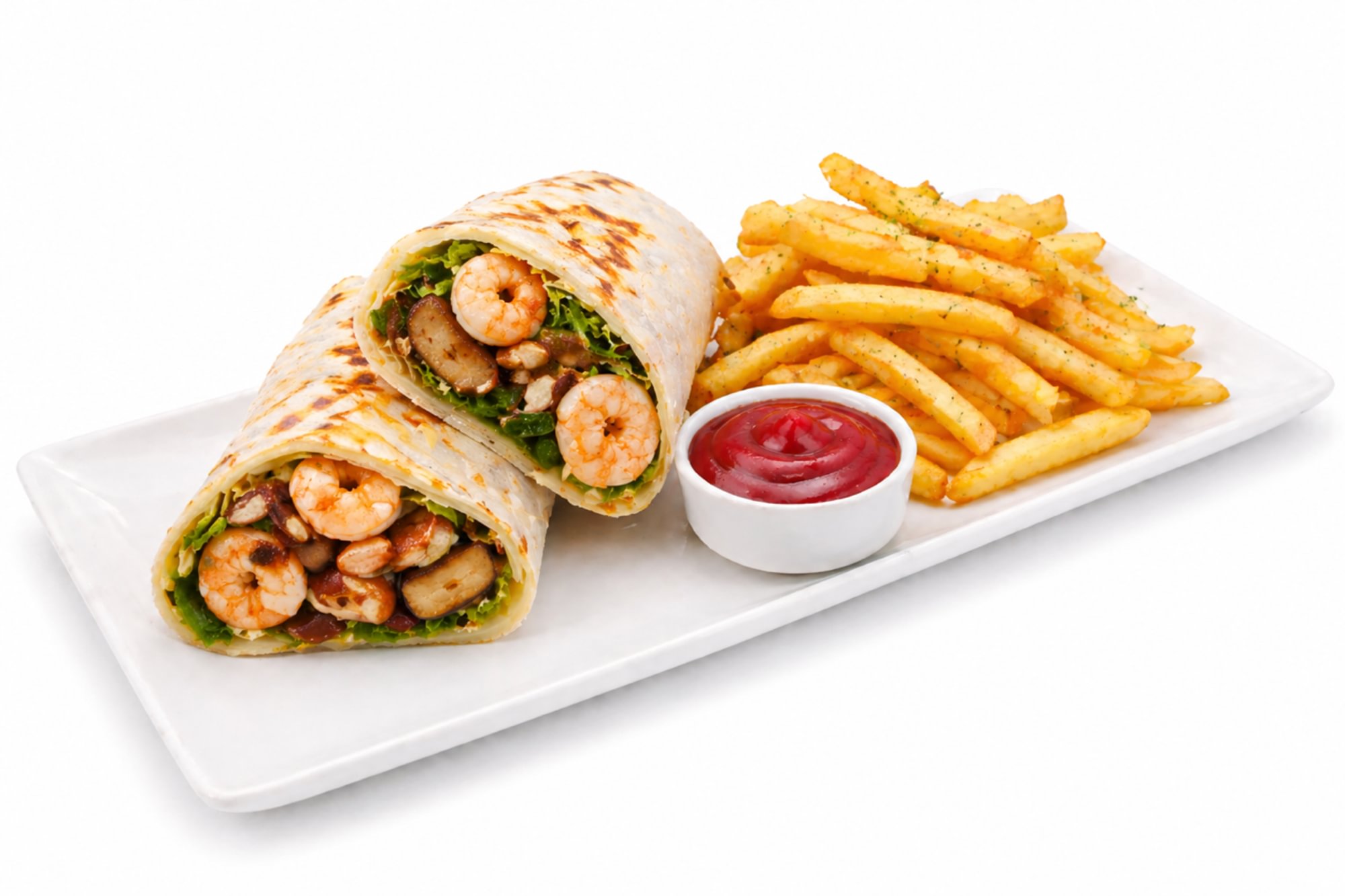 Shrimp & Portobello Wrap + Fries