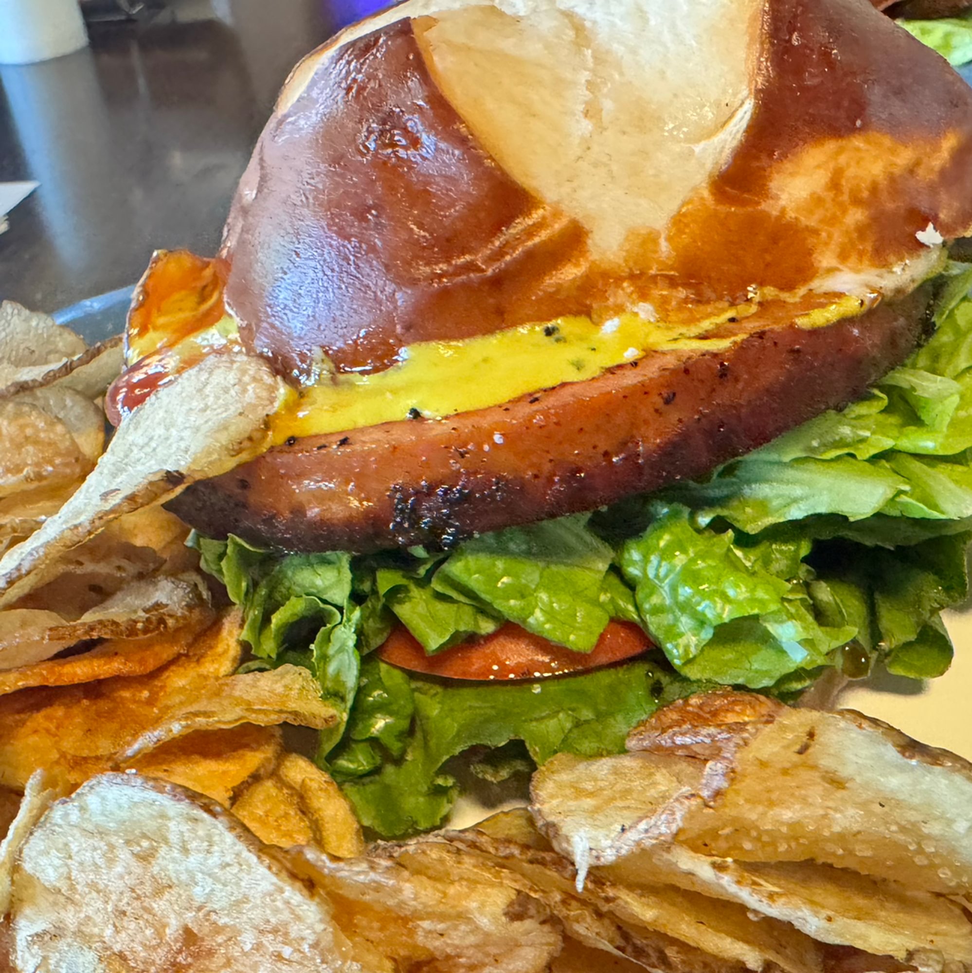 Fried Garlic Bologna On Pretzel Bun