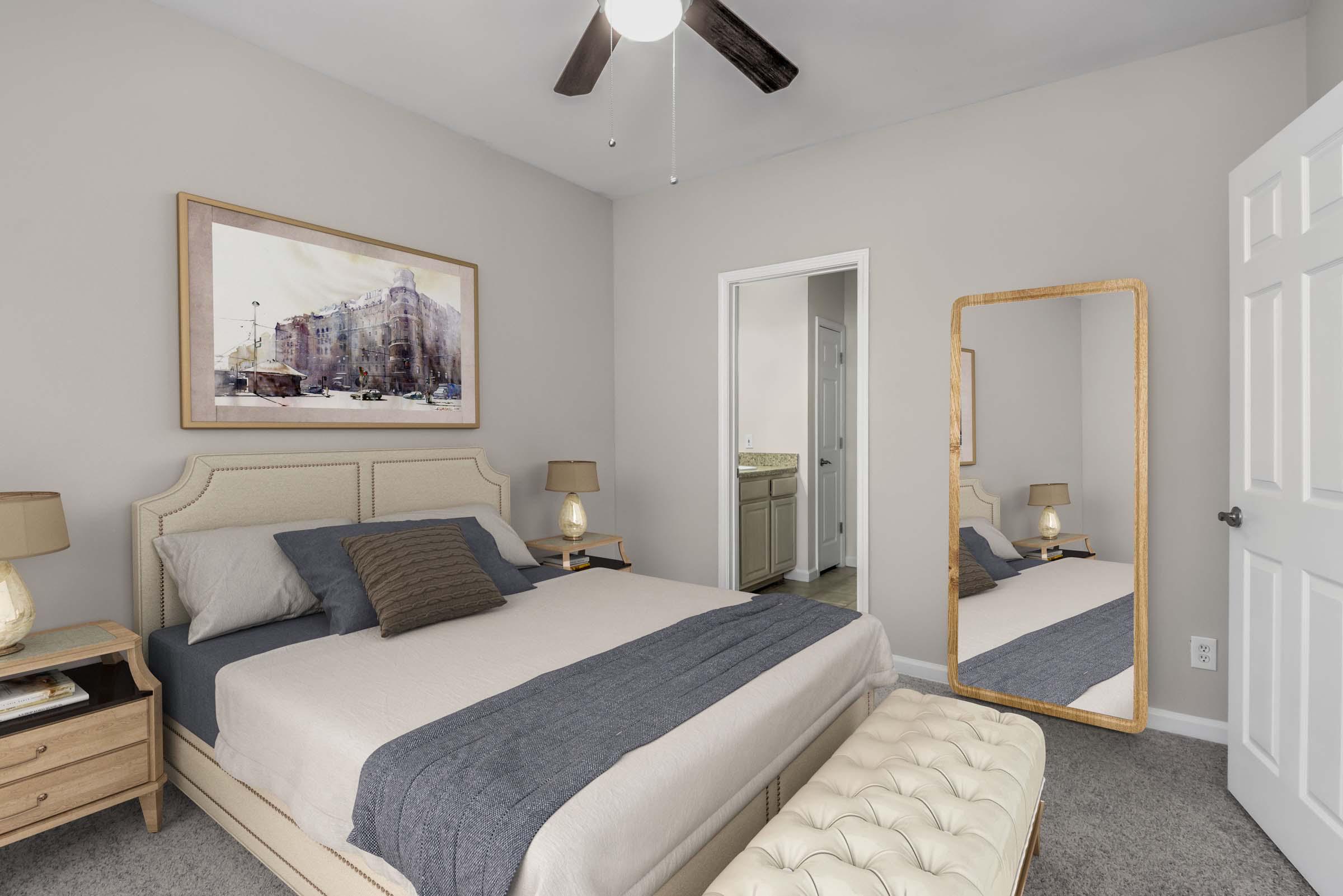 Camden Peachtree City apartments in Peachtree City, GA bedroom with ceiling fan