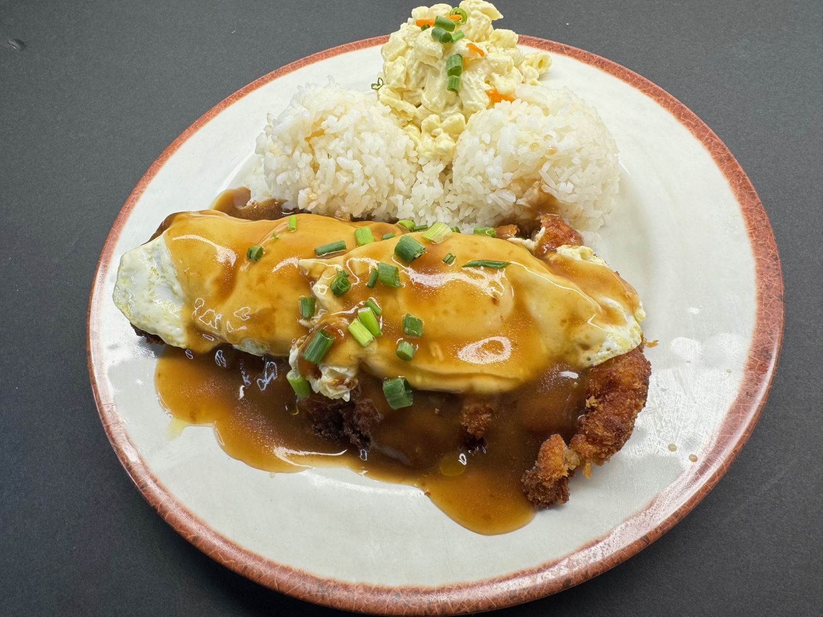 Chicken Cutlet Loco Moco w/Mac Salad
